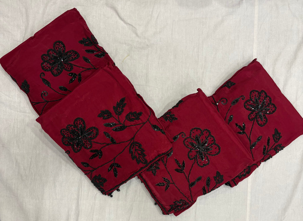 Crimson Glass Cloth Black Bead Floral Embroidered Ladies Unstitched Suit