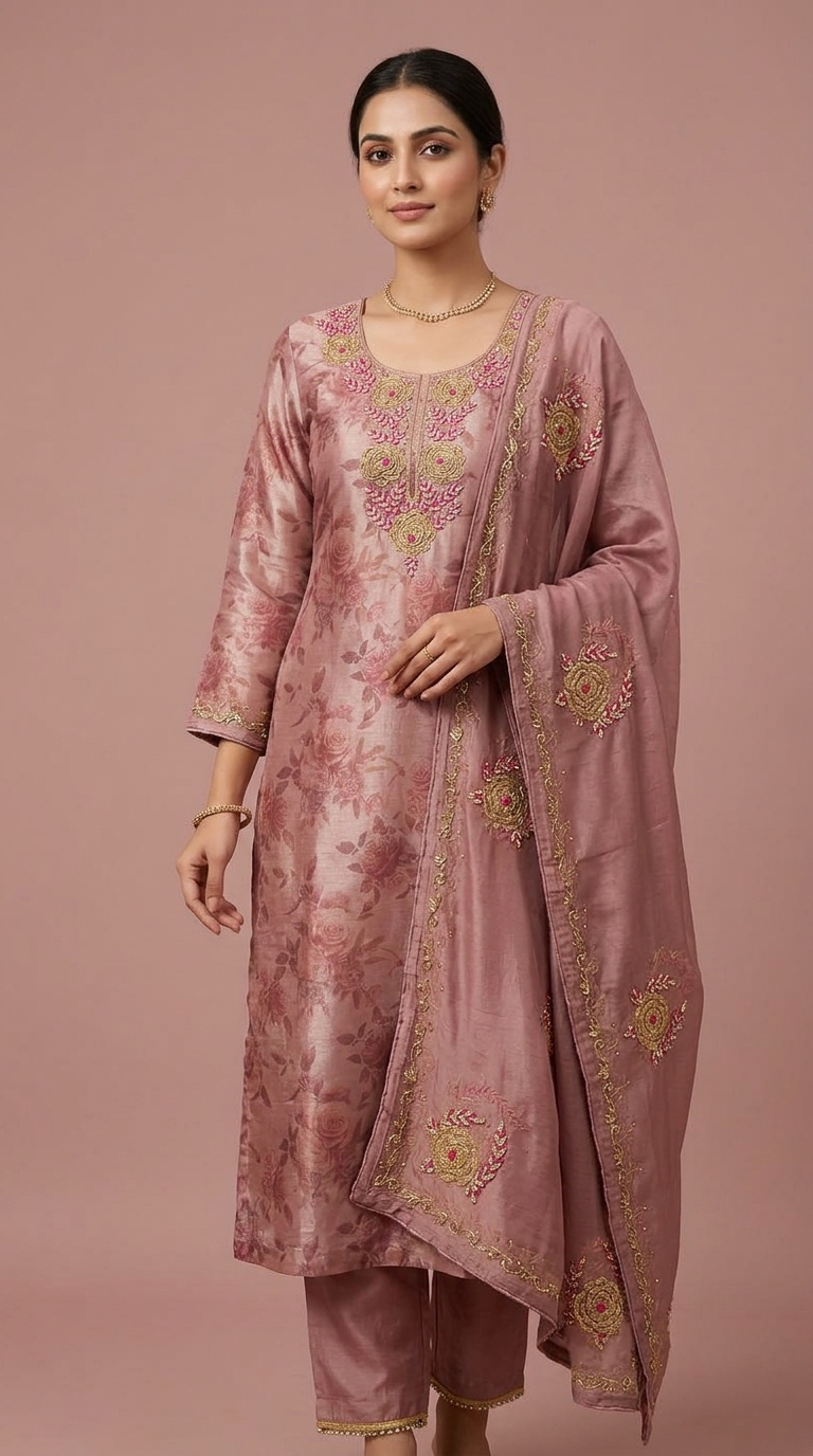 SS009 — Jacquard Rose Zardozi Neckline