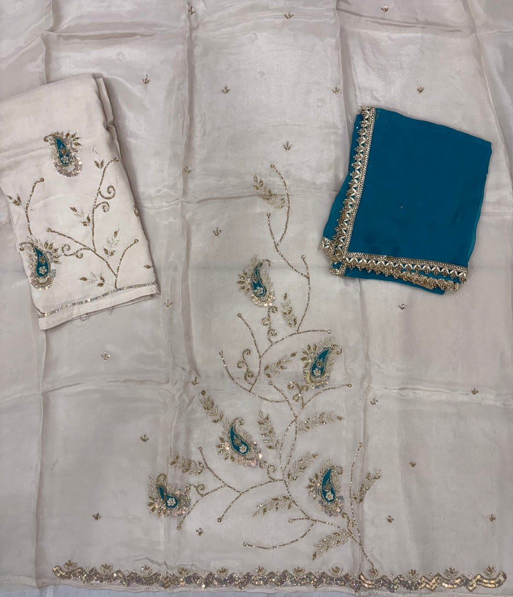 Off-White Glass Cloth Teal Keri Paisley Zardozi Ladies Unstitched Suit