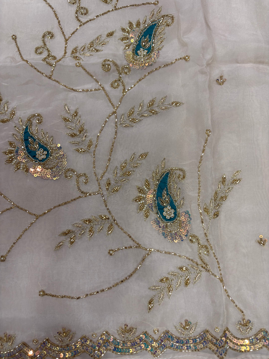 Off-White Glass Cloth Teal Keri Paisley Zardozi Ladies Unstitched Suit
