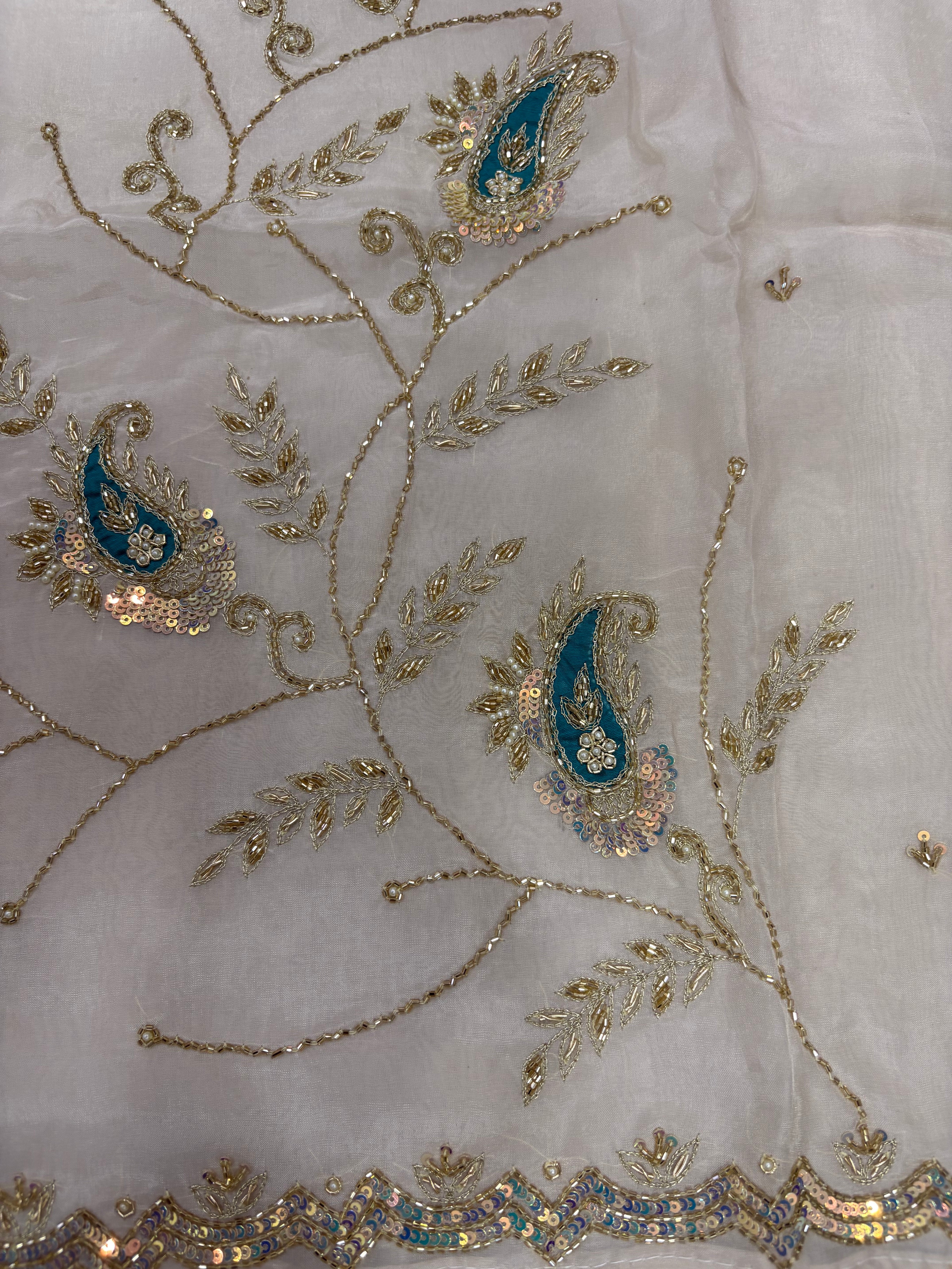 Off-White Glass Cloth Teal Keri Paisley Zardozi Ladies Unstitched Suit