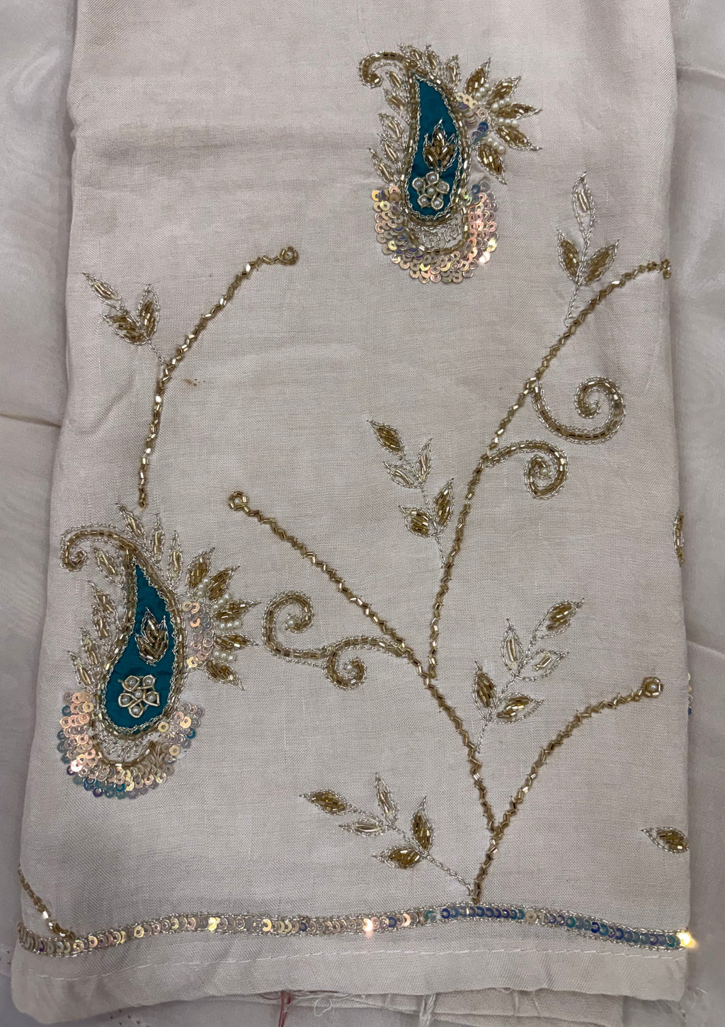 Off-White Glass Cloth Teal Keri Paisley Zardozi Ladies Unstitched Suit