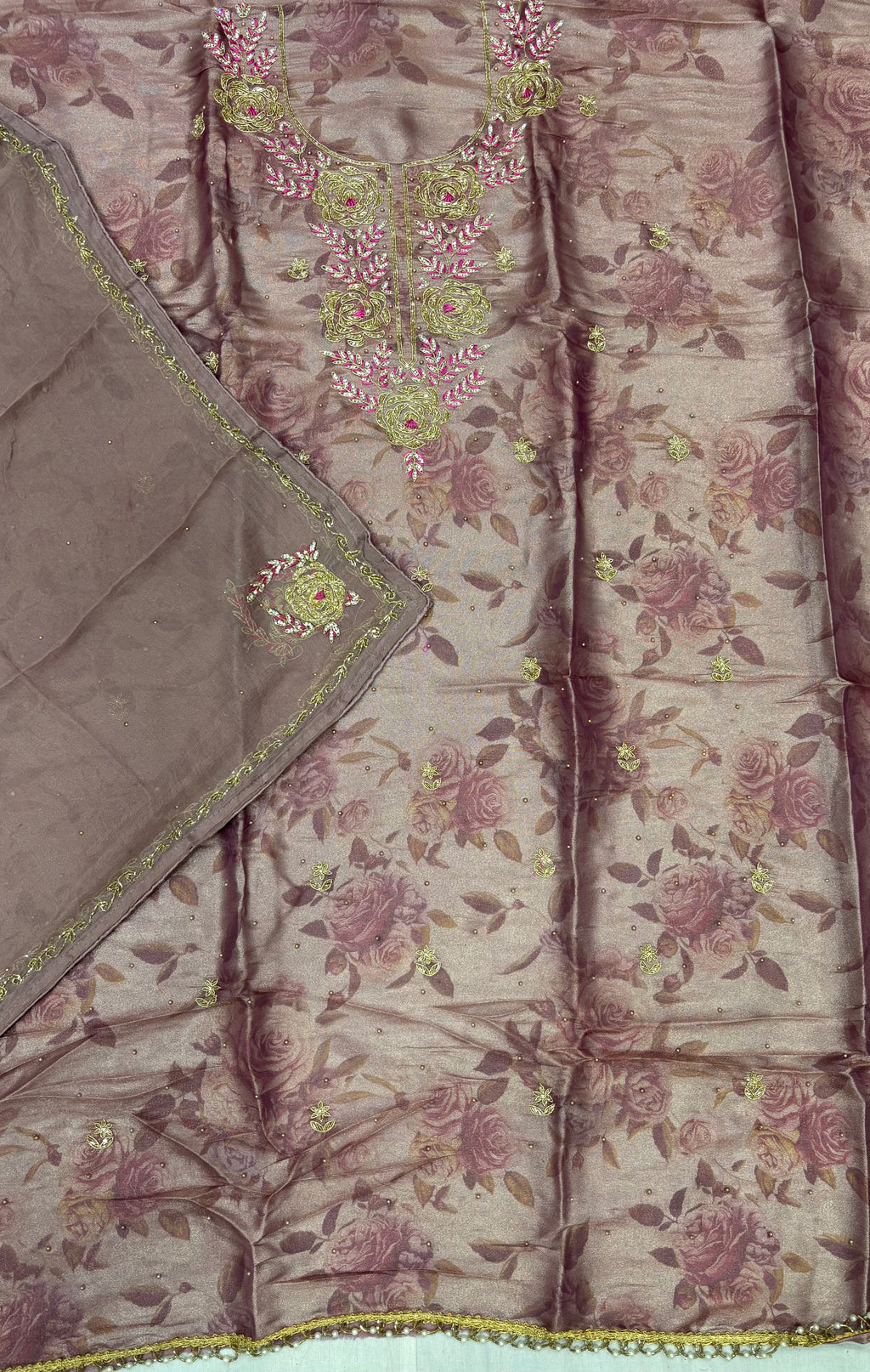 Jacquard Rose Print Ladies Unstitched Suit with Zardozi Neckline & Pure Dupatta