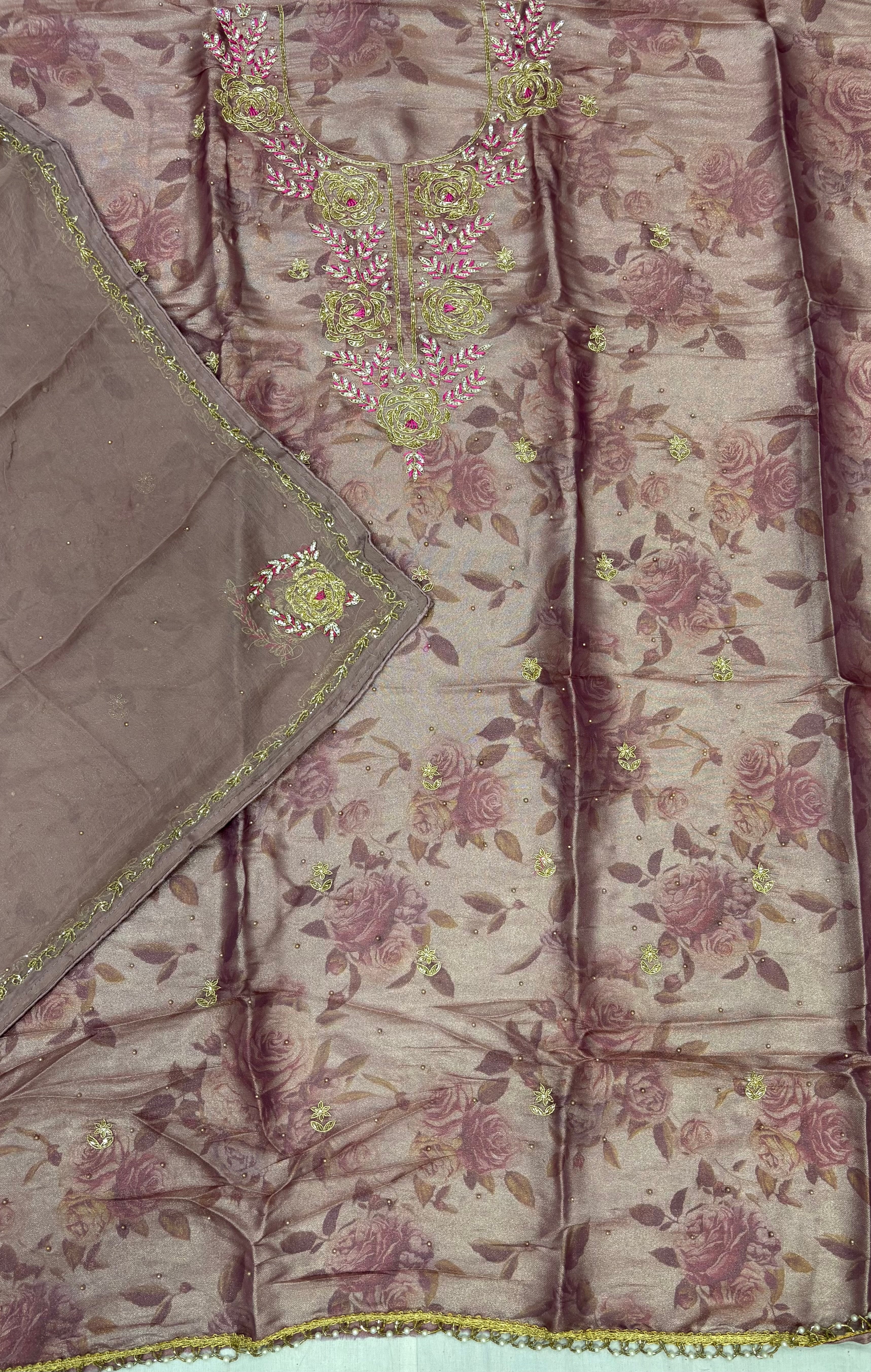 Jacquard Rose Print Ladies Unstitched Suit with Zardozi Neckline & Pure Dupatta