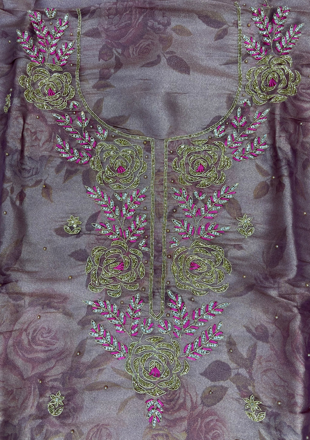 Jacquard Rose Print Ladies Unstitched Suit with Zardozi Neckline & Pure Dupatta
