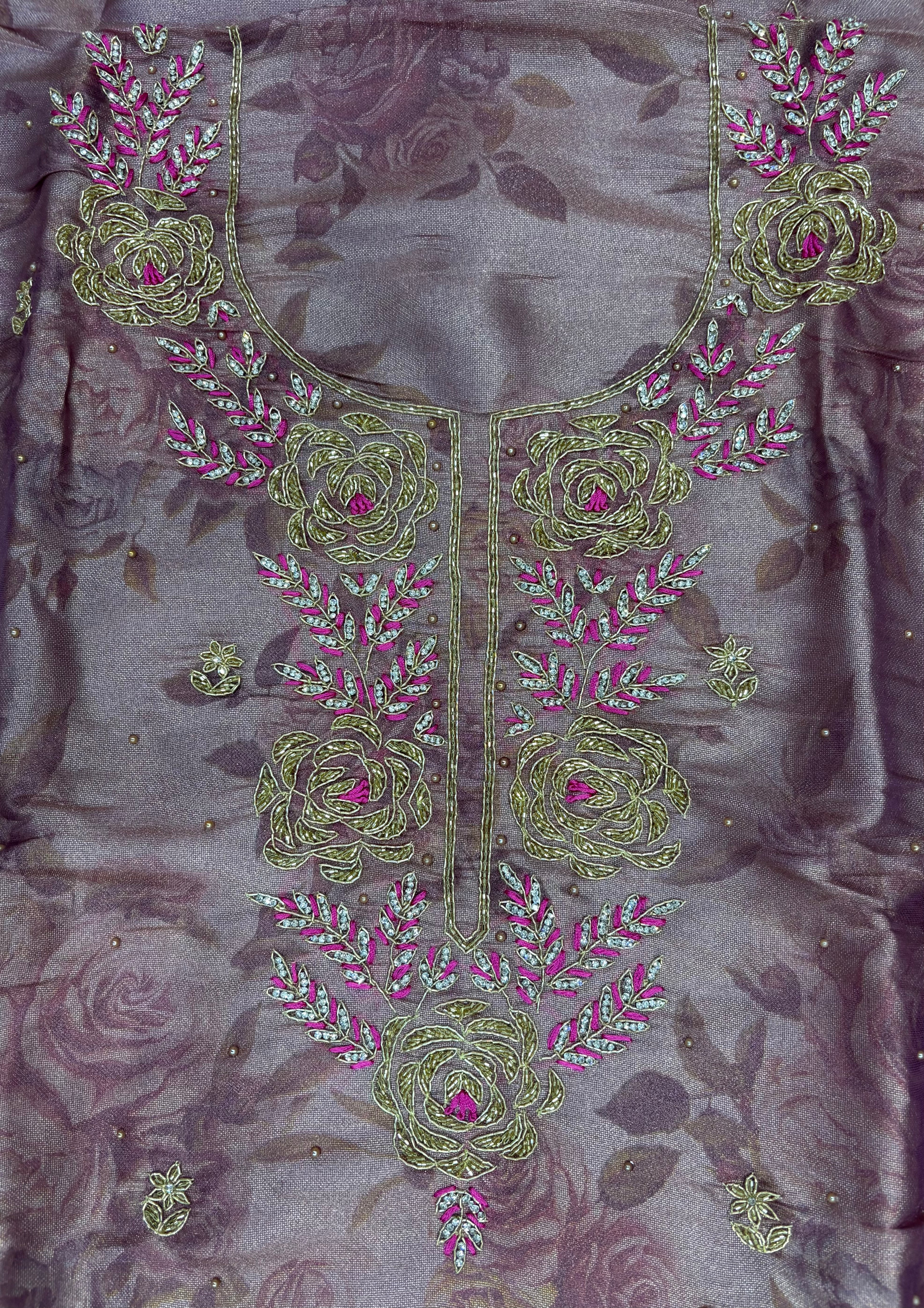 Jacquard Rose Print Ladies Unstitched Suit with Zardozi Neckline & Pure Dupatta