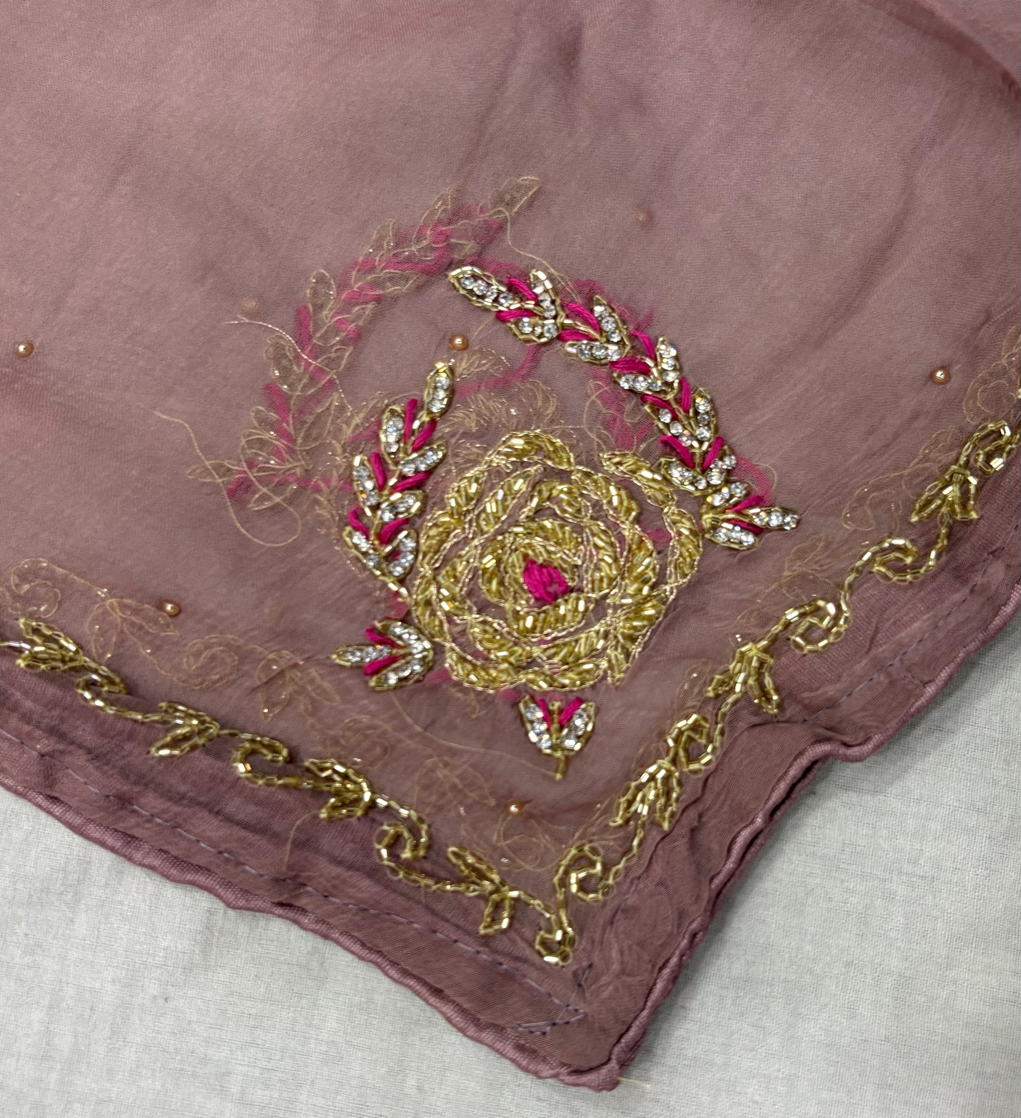 Jacquard Rose Print Ladies Unstitched Suit with Zardozi Neckline & Pure Dupatta