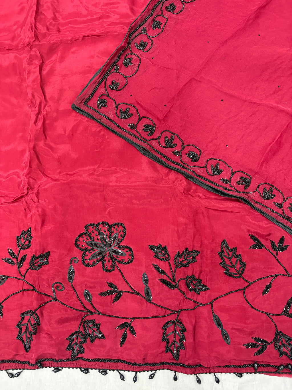 Crimson Glass Cloth Black Bead Floral Embroidered Ladies Unstitched Suit