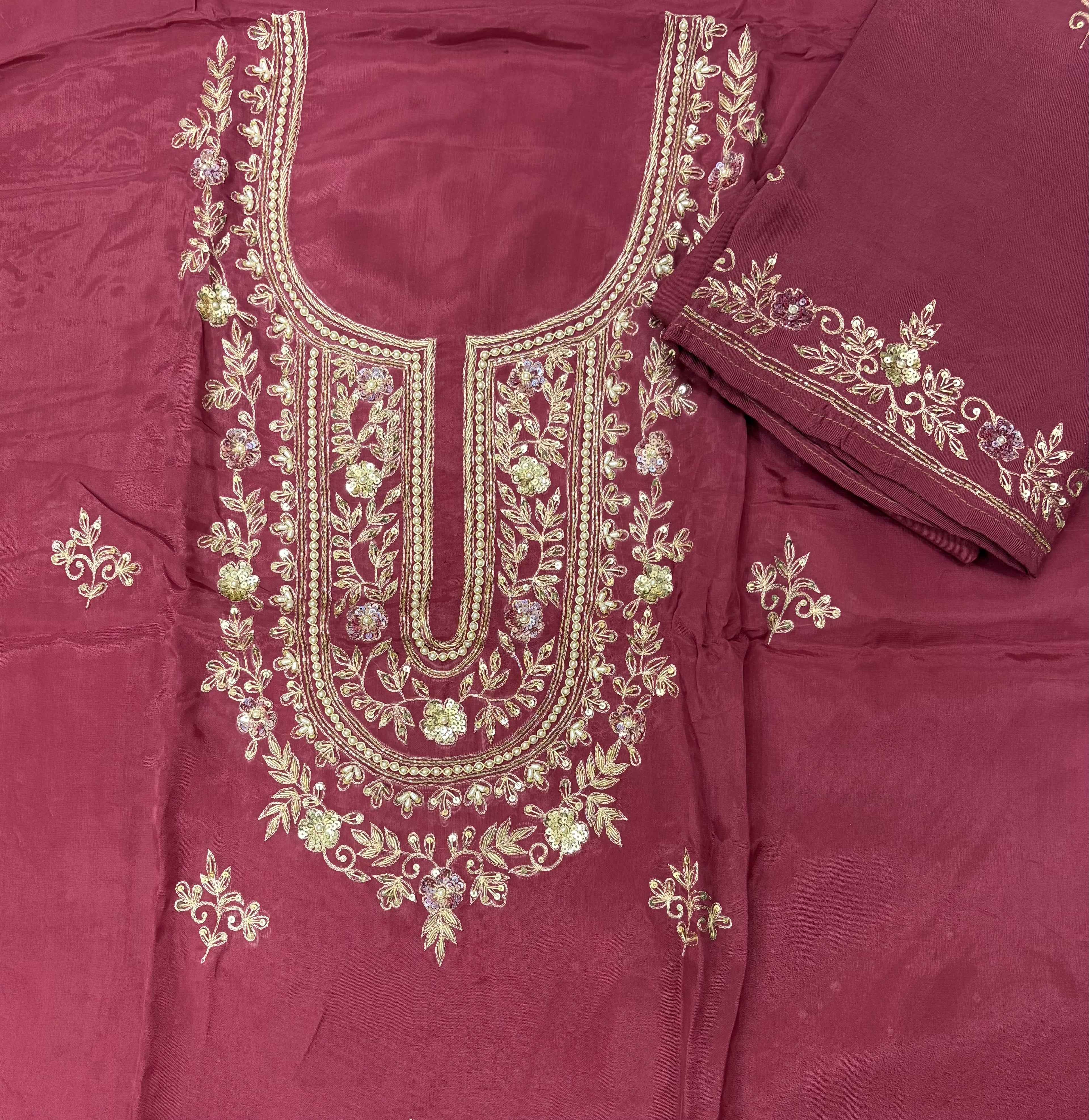 Glass Cloth Embroidered Ladies Suit - Maroon Neckline Detail