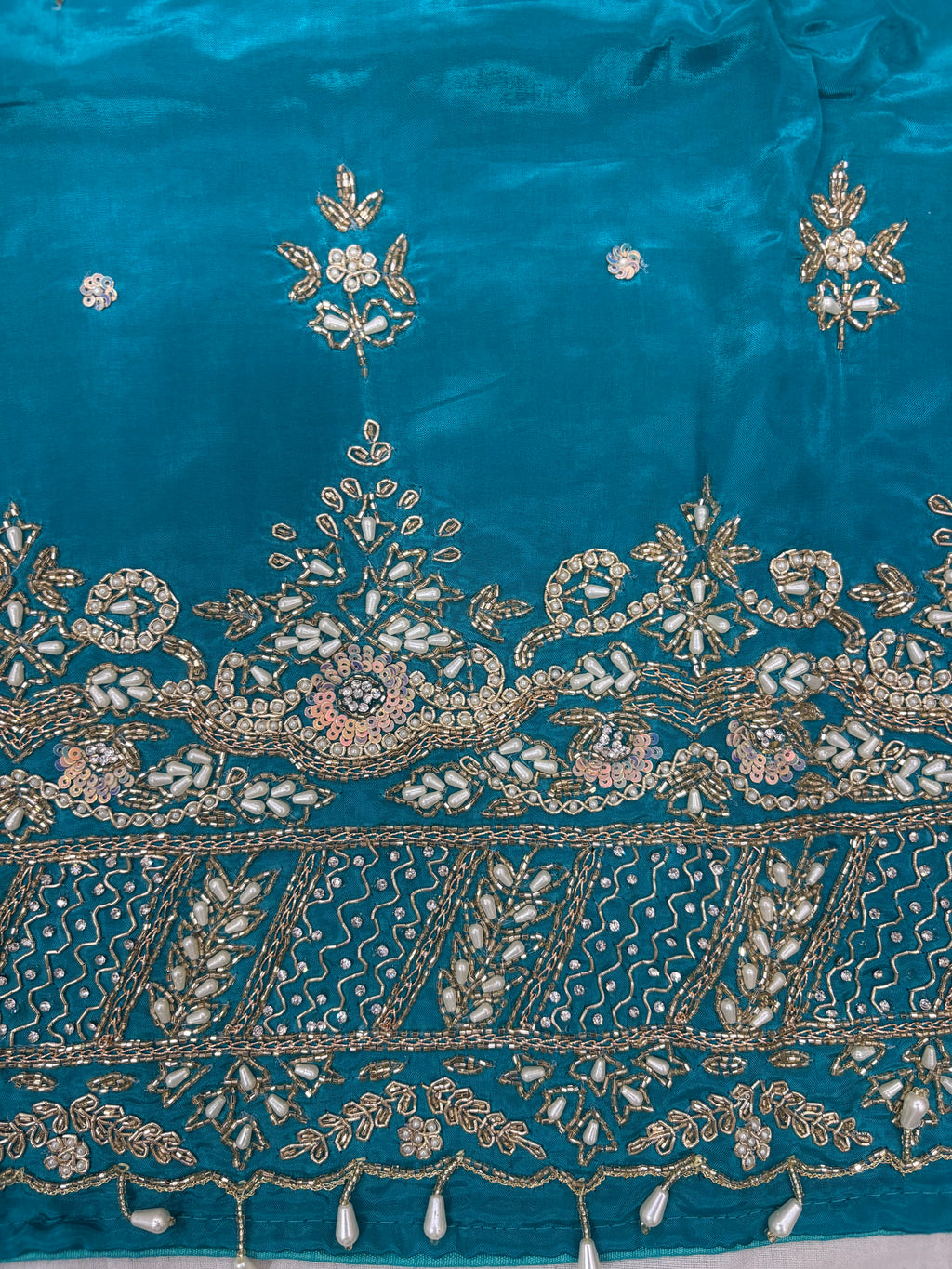 Teal Glass Cloth Bridal Heavy Pearl Zardozi Embroidered Ladies Unstitched Suit