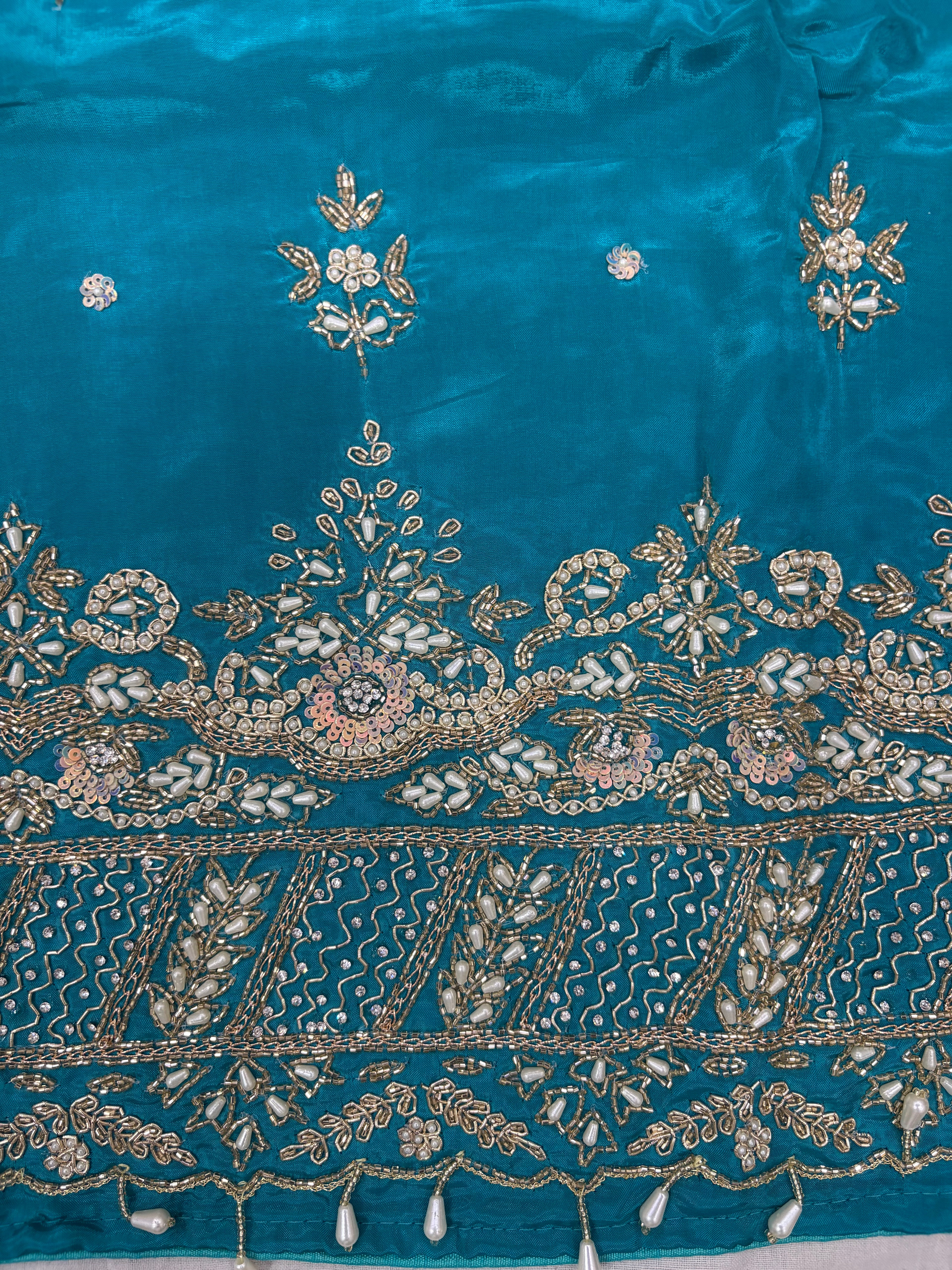 Teal Glass Cloth Bridal Heavy Pearl Zardozi Embroidered Ladies Unstitched Suit