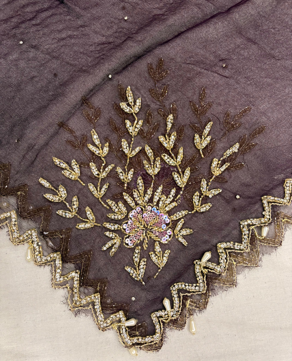 Deep Purple Glass Cloth Heavy Zardozi Daisy Floral Ladies Unstitched Suit