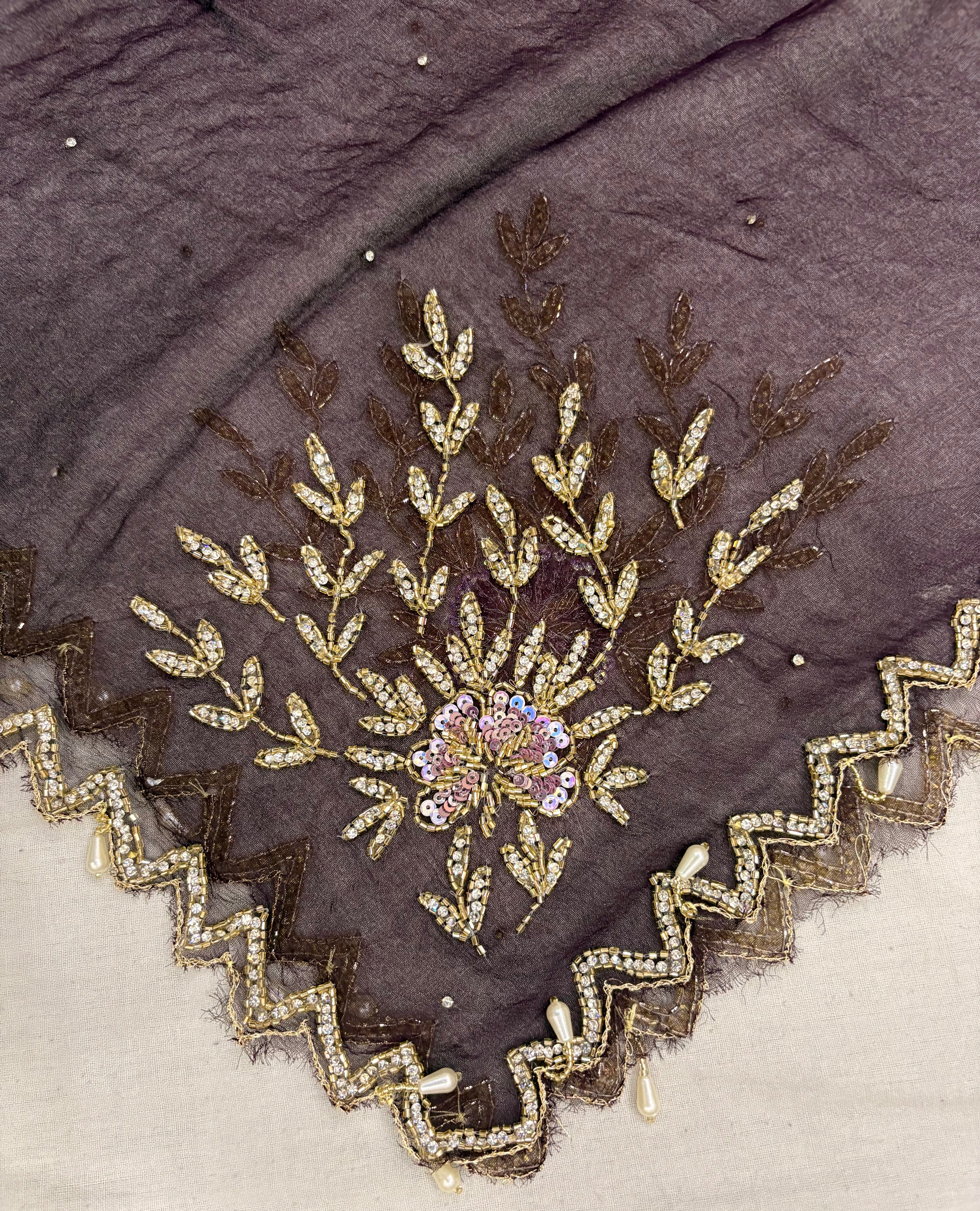 Deep Purple Glass Cloth Heavy Zardozi Daisy Floral Ladies Unstitched Suit