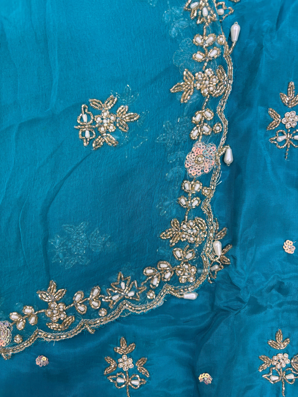 Teal Glass Cloth Bridal Heavy Pearl Zardozi Embroidered Ladies Unstitched Suit