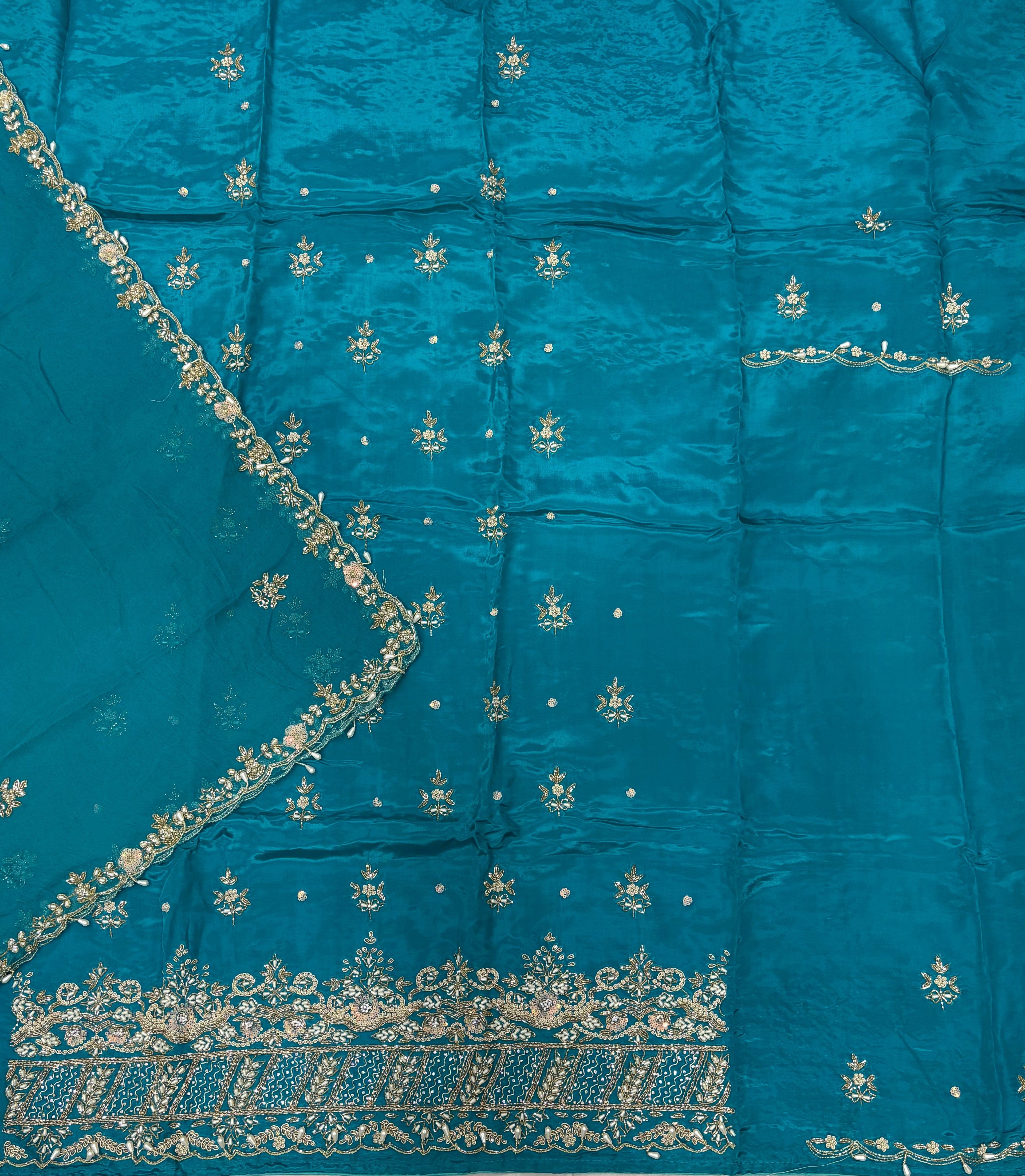 Teal Glass Cloth Bridal Heavy Pearl Zardozi Embroidered Ladies Unstitched Suit