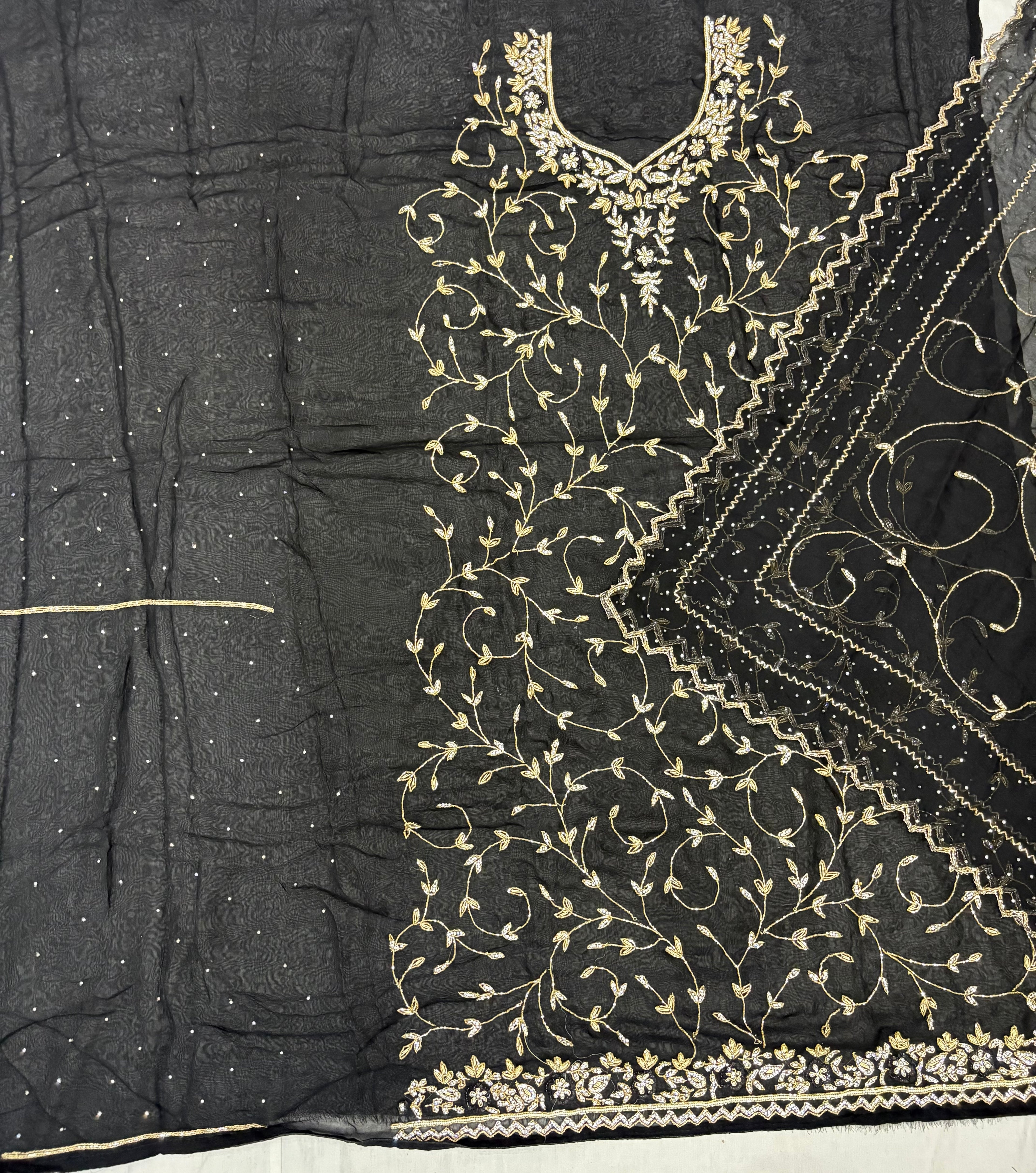 Full Body Gold Zardozi Embroidered Glass Cloth Ladies Unstitched Suit