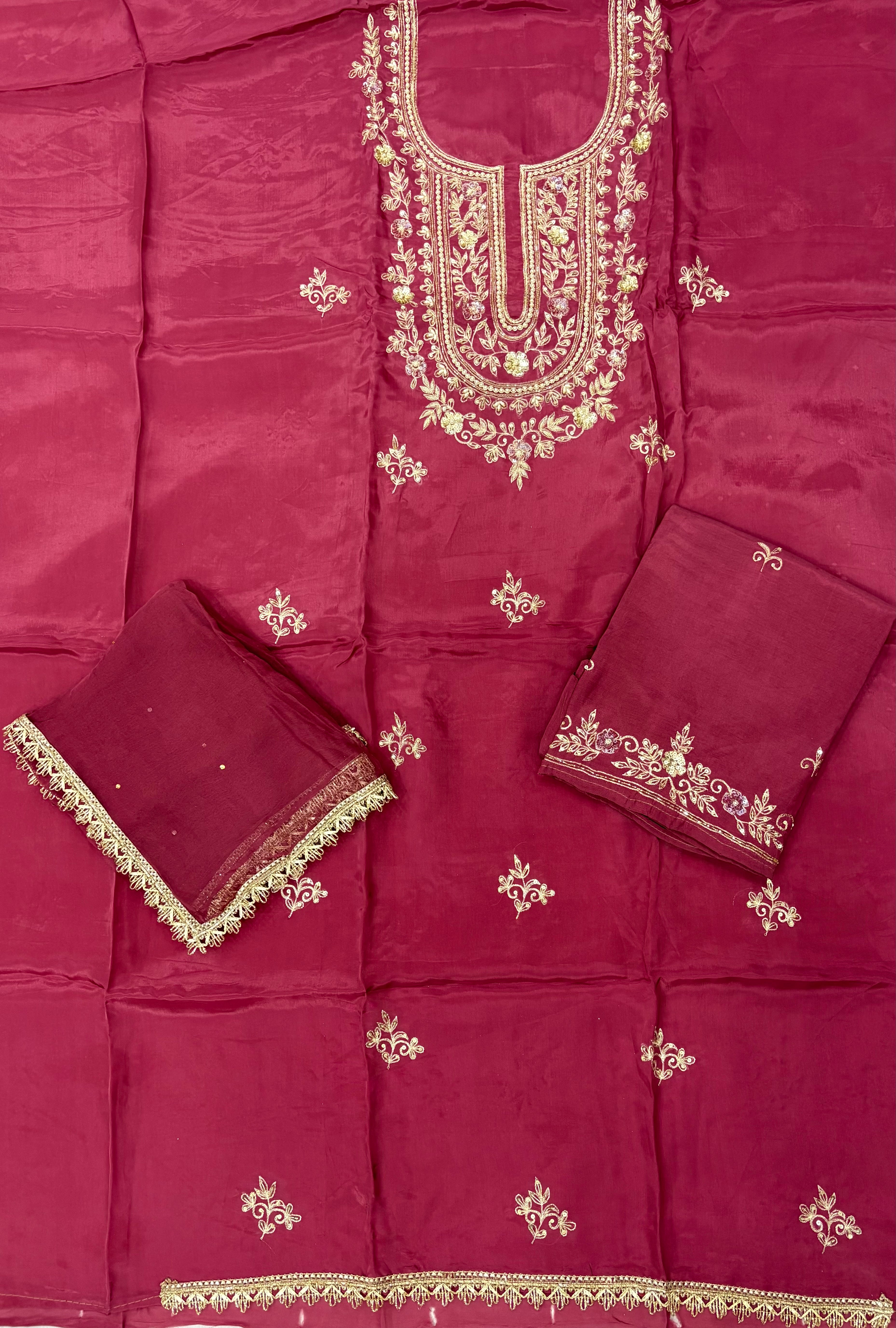 Glass Cloth Embroidered Ladies Suit - Maroon Full View