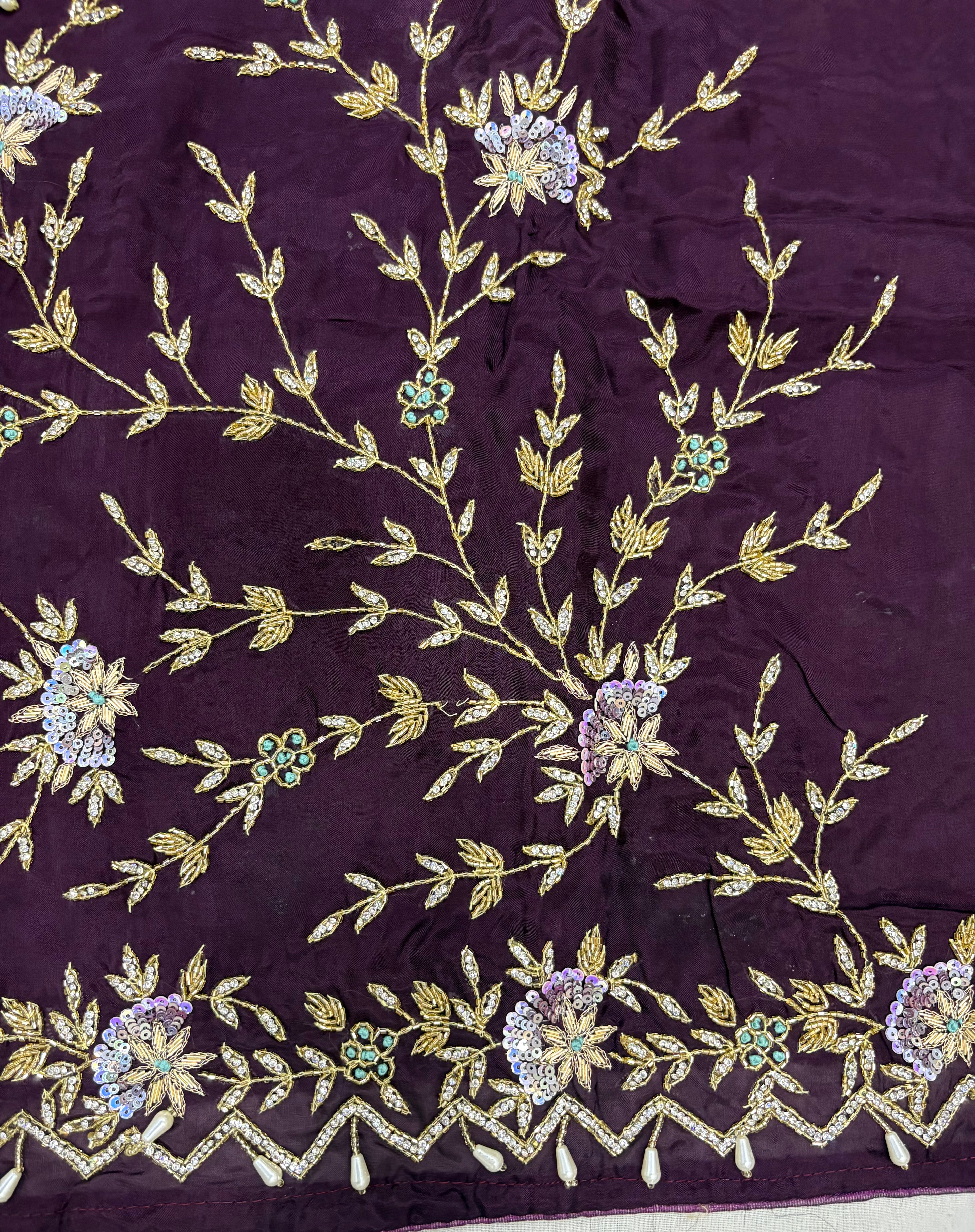 Deep Purple Glass Cloth Heavy Zardozi Daisy Floral Ladies Unstitched Suit